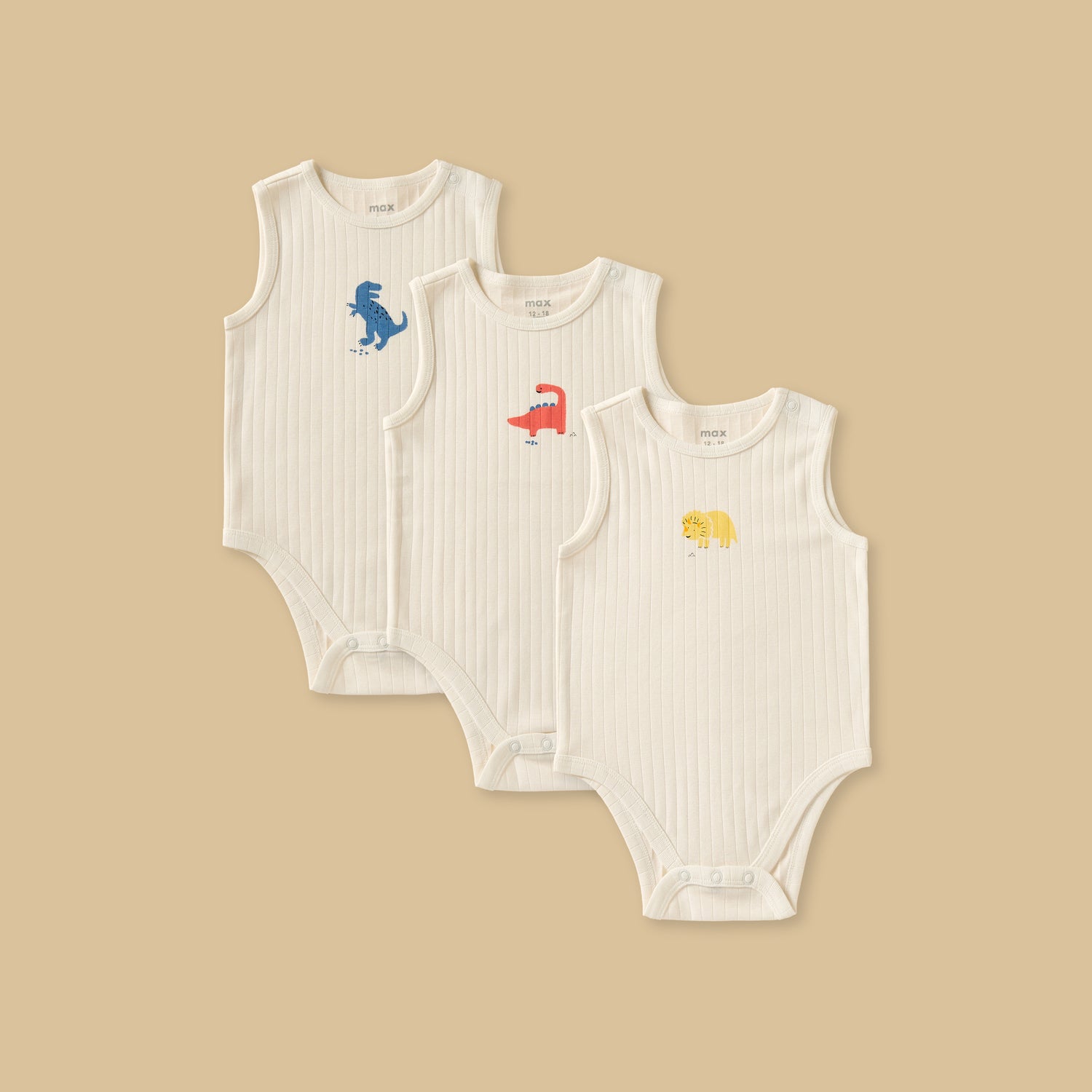 Pack of 3 - Printed Ribbed Sleeveless Cotton Bodysuit - Cream / 12-18 mths