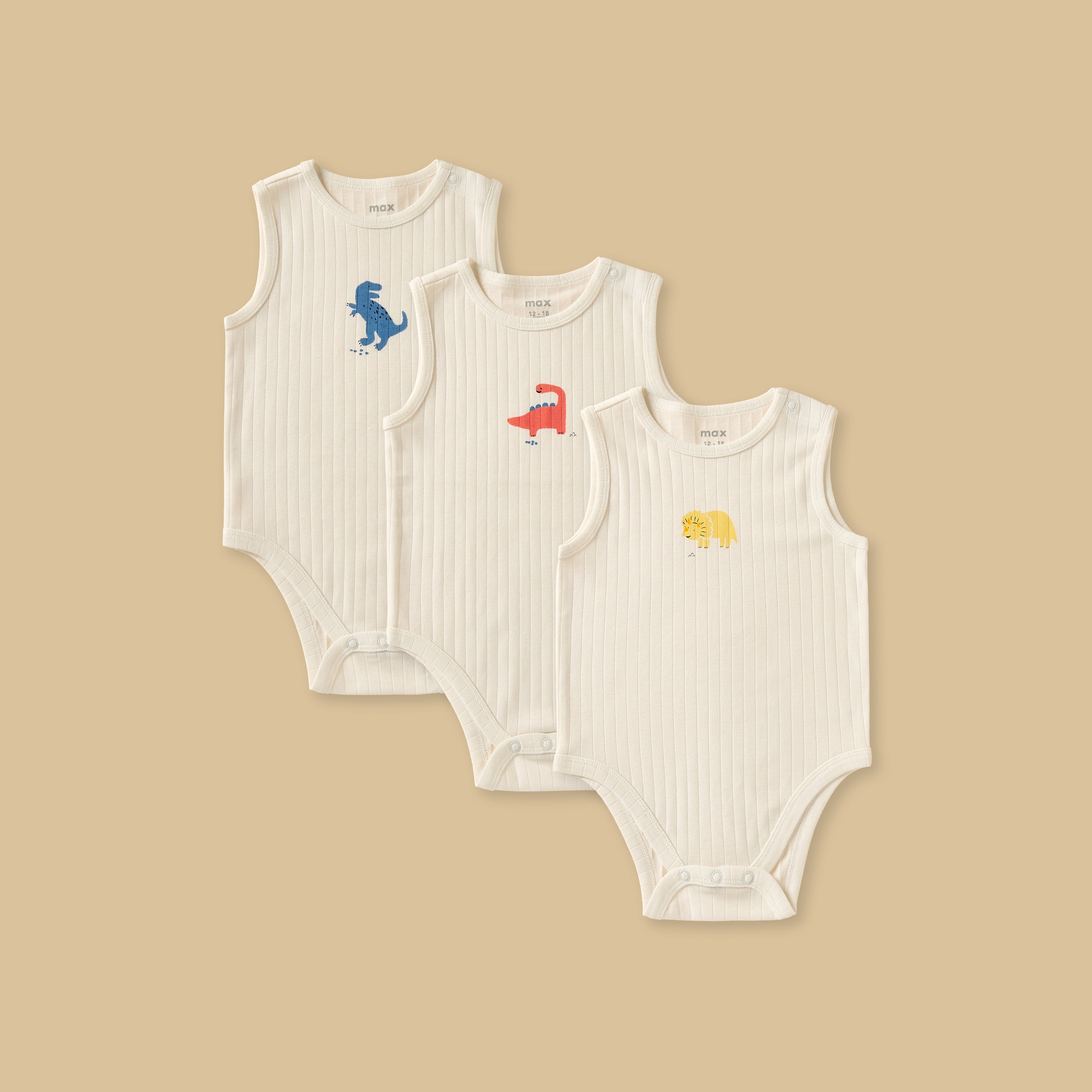 Pack of 3 - Printed Ribbed Sleeveless Cotton Bodysuit - Cream / 12-18 mths