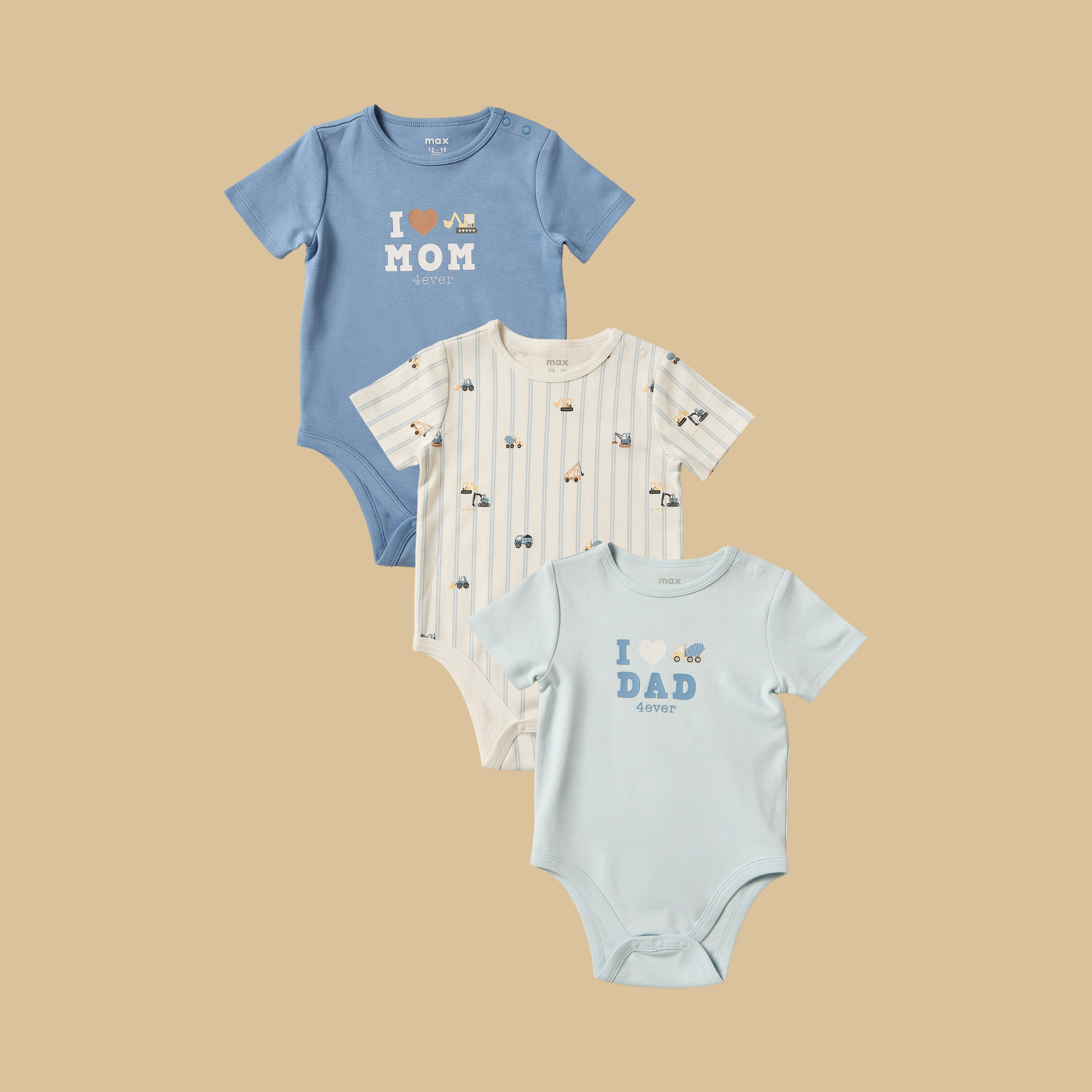 Pack of 3 - Construction Vehicle Print Cotton Bodysuit