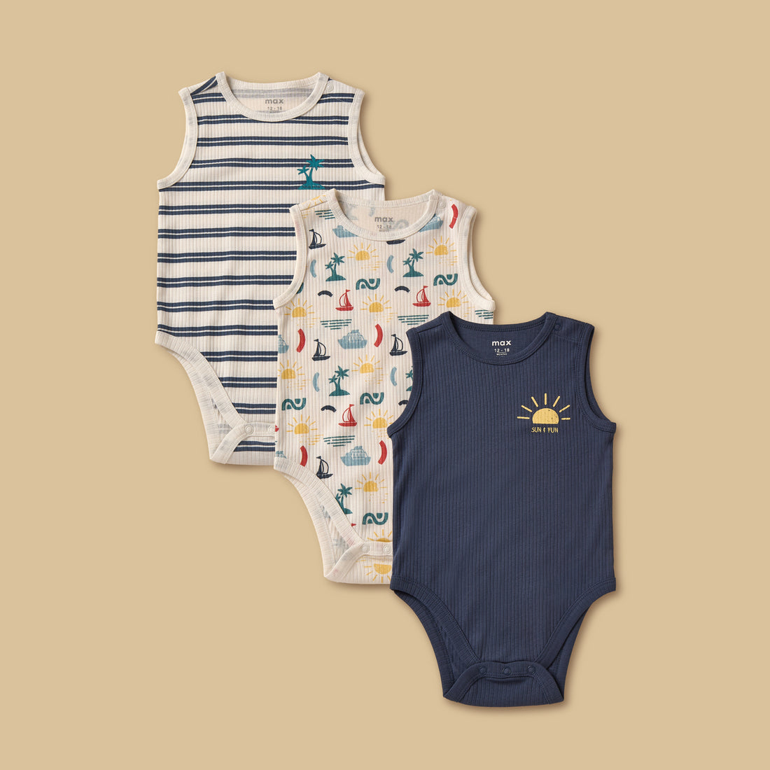 Pack of 3 - Ribbed Sleeveless Bodysuit - Multicolour / 12-18 mths