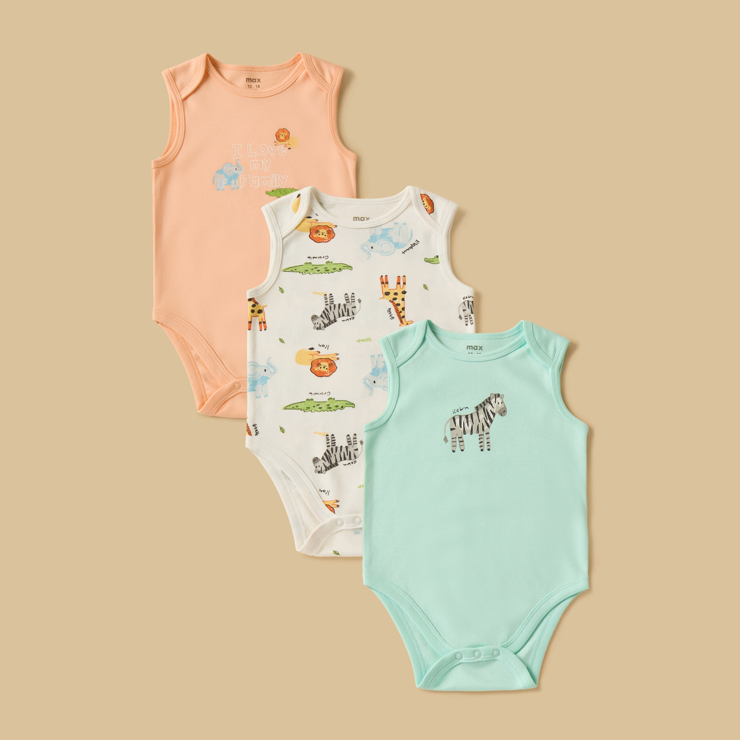 Pack of 3 - Safari Print Sleeveless Cotton Bodysuit - 12-18 MTHS