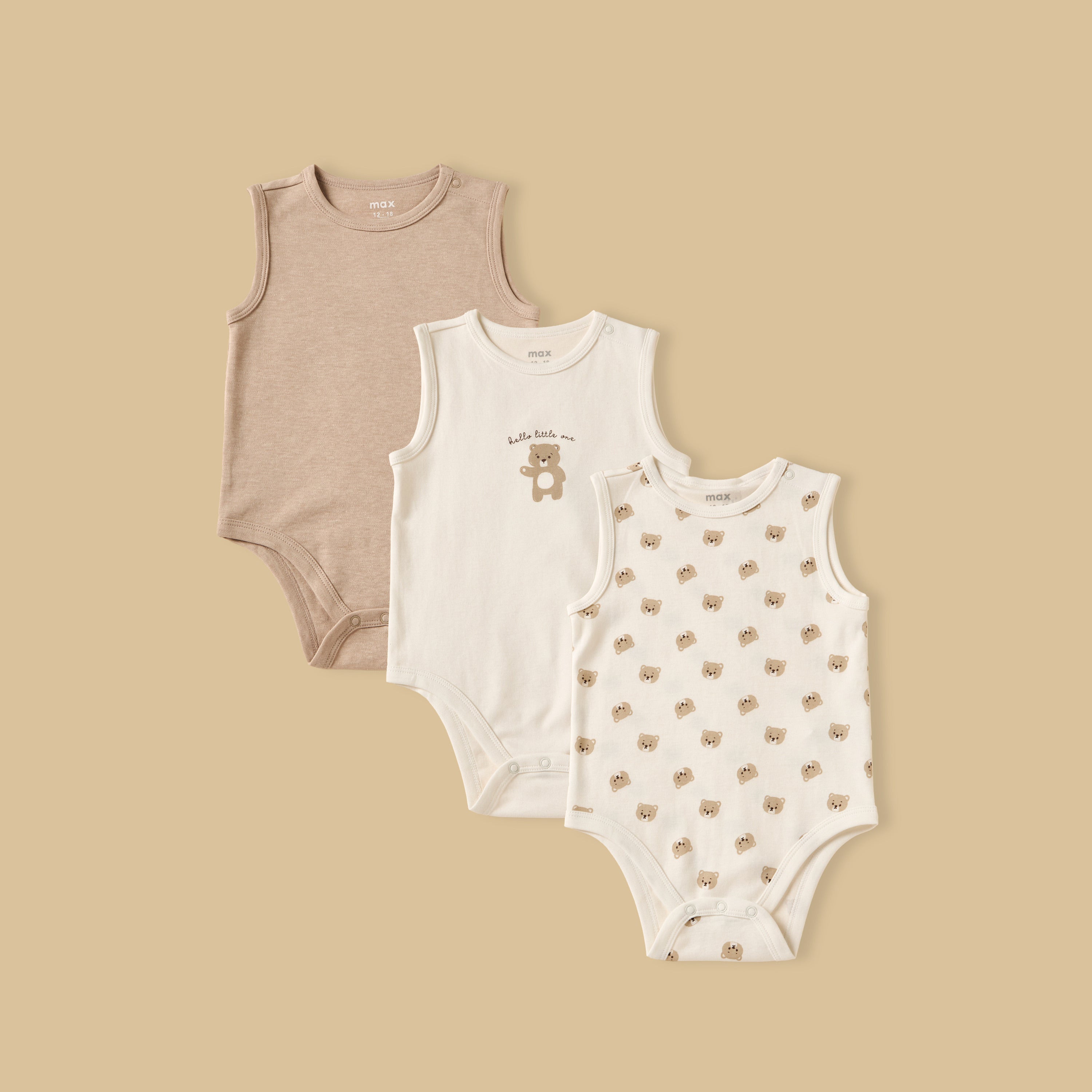 Pack of 3 - Bear Print Sleeveless Cotton Bodysuit - Cream / 12-18 mths