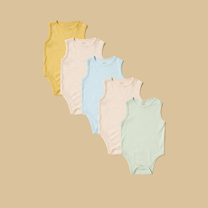 Pack of 5 - Ribbed Sleeveless Cotton Bodysuit - Multicolour / 9-12 mths