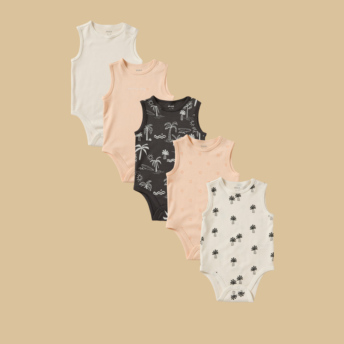 Pack of 5 - Palm Print Sleeveless Cotton Bodysuit - Multicolour / 12-18 mths