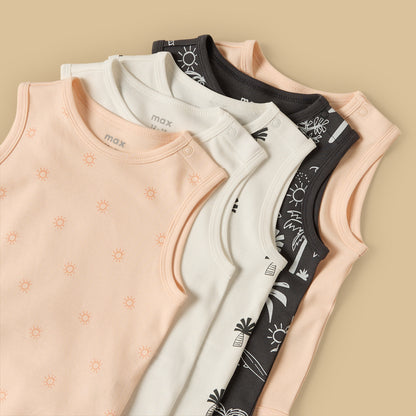Pack of 5 - Palm Print Sleeveless Cotton Bodysuit