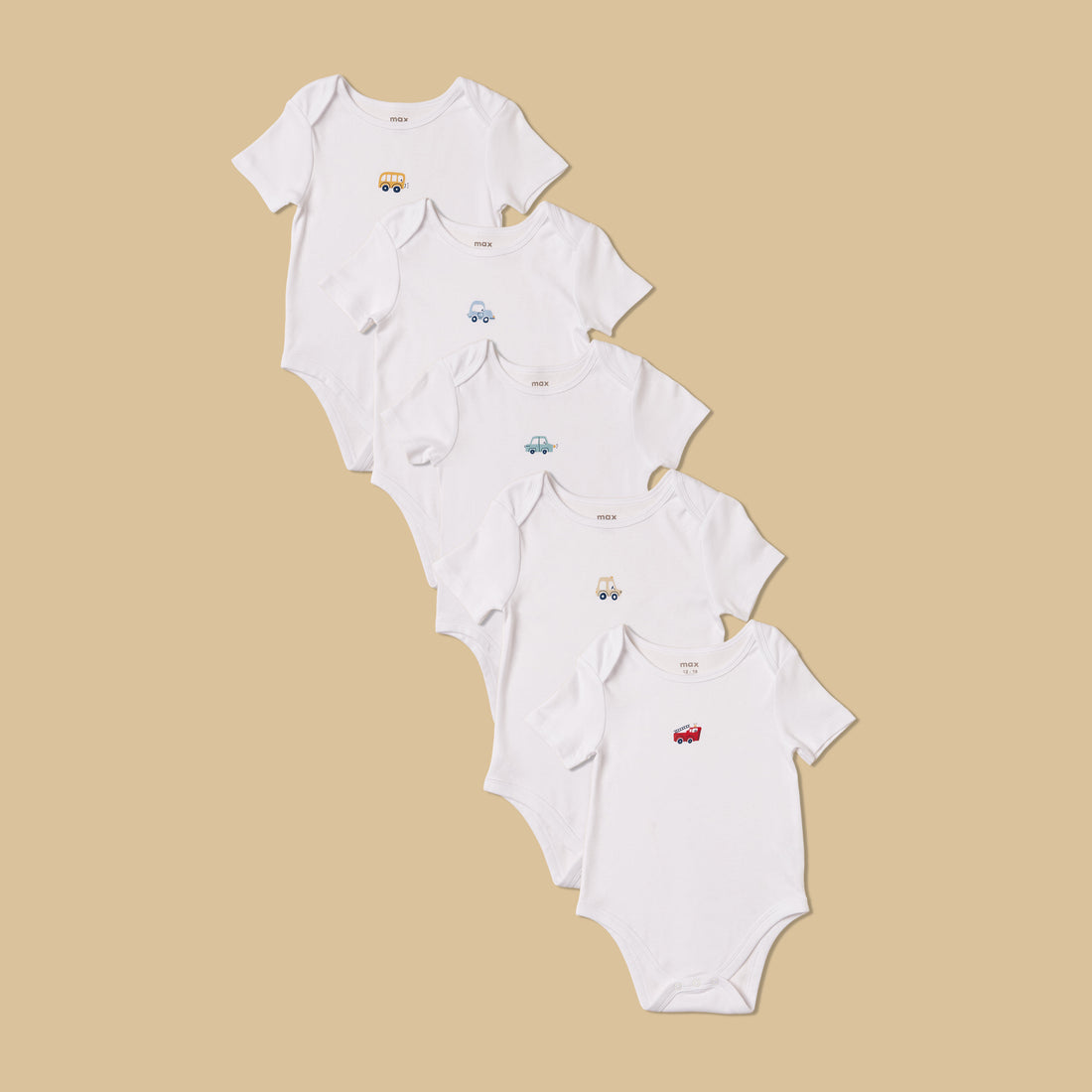 Pack of 5 - Vehicle Print Cotton Bodysuit - White / 12-18 mths