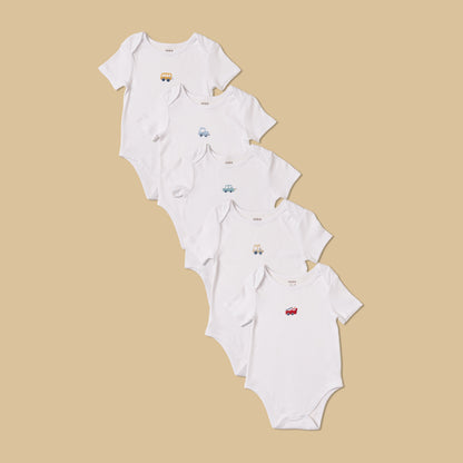 Pack of 5 - Vehicle Print Cotton Bodysuit - White / 12-18 mths