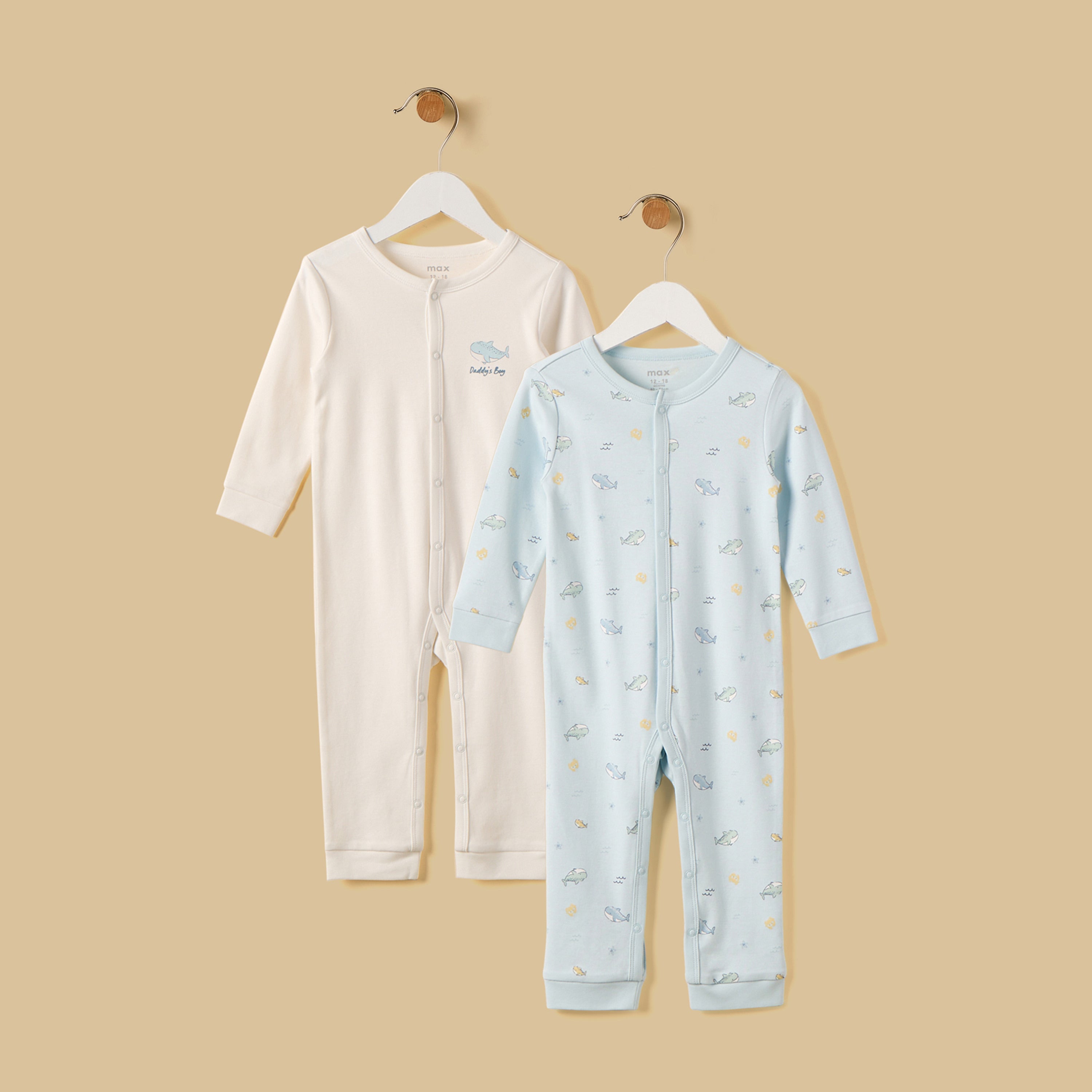 Pack of 2 - Whale Print Cotton Sleepsuit - Multicolour / 12-18 mths