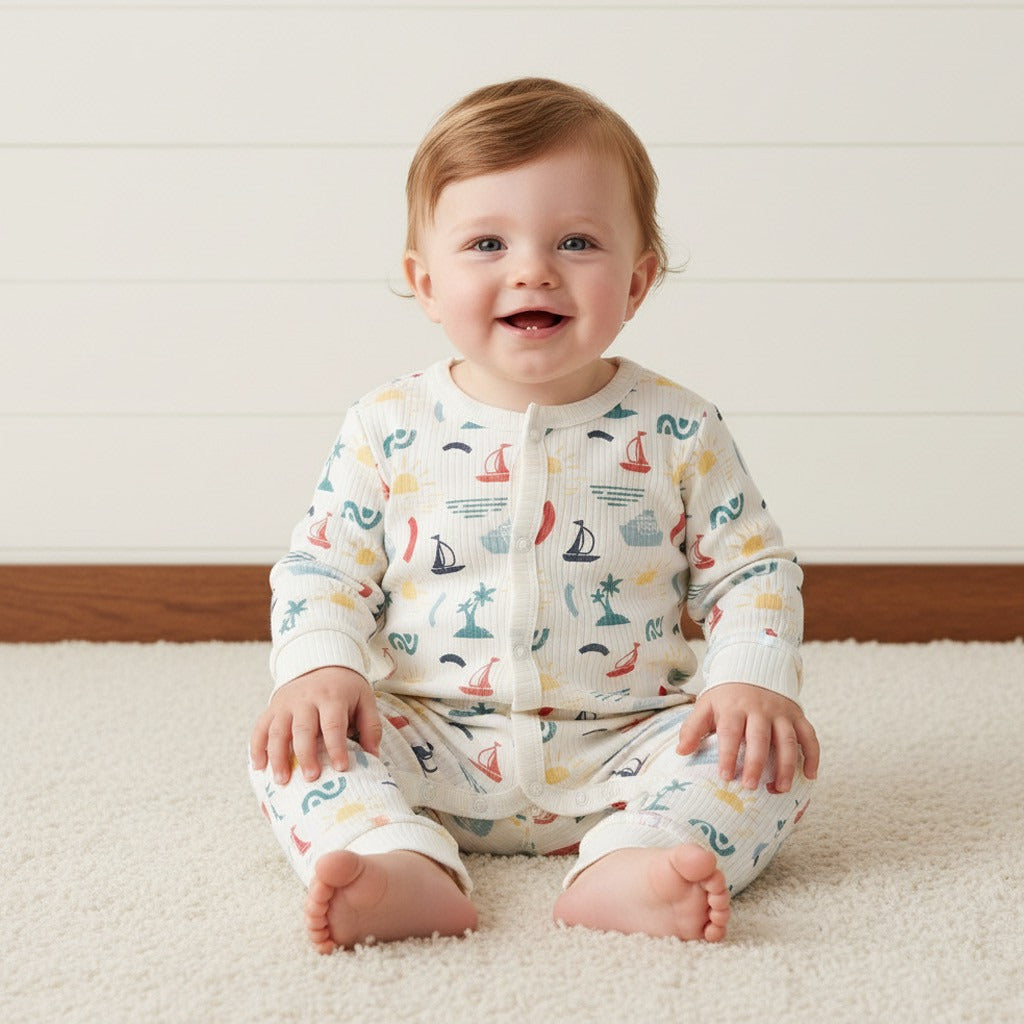 Nautical Print Cotton Sleepsuit - Cream / 12-18 mths