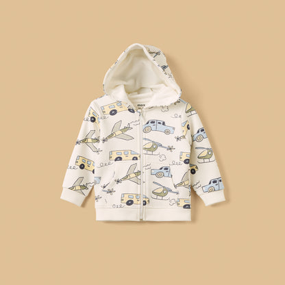 Transport Print Zip Through Hoodie - Cream / 12-18 mths