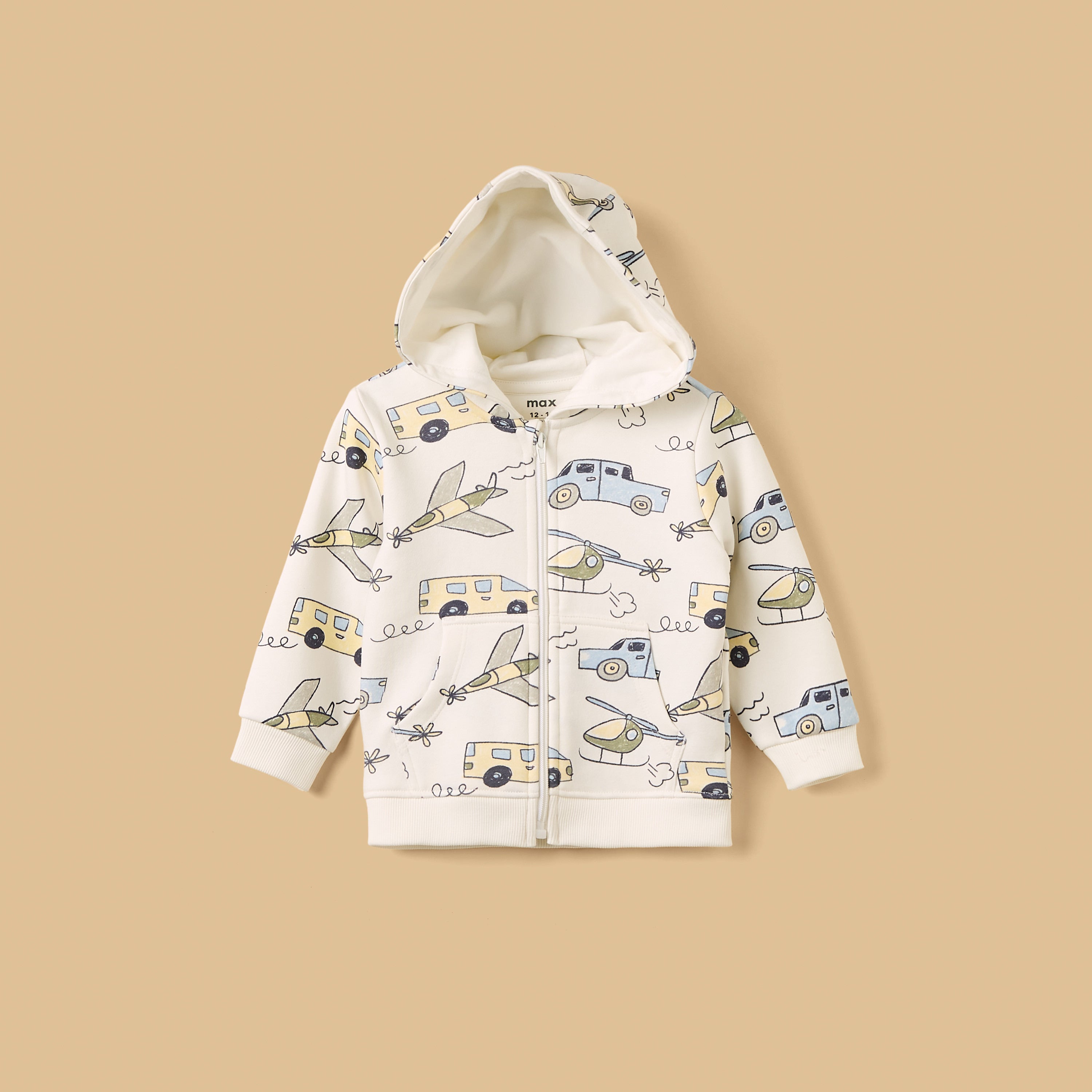 Transport Print Zip Through Hoodie - Cream / 12-18 mths