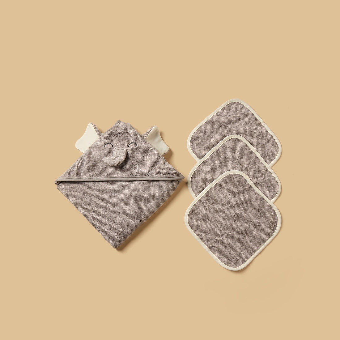 Elephant Applique 4-Piece Bath Towel and Wash Cloth Set - Grey
