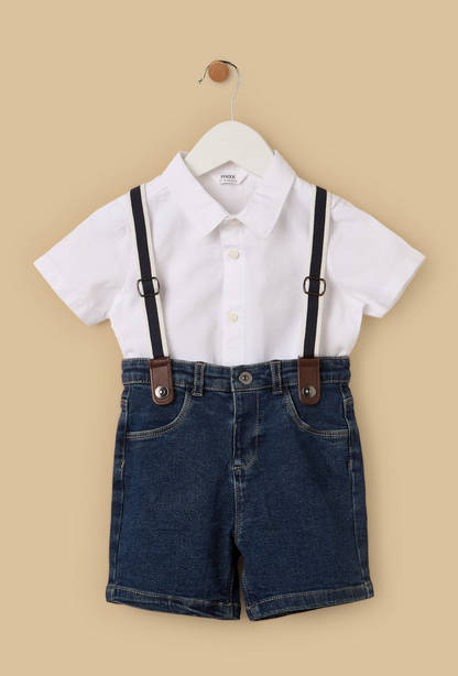 Plain Shirt with Denim Shorts and Suspenders-undefined-image-1