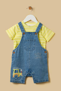 Striped T-shirt and Embroidered Dungaree Set-undefined-image-1