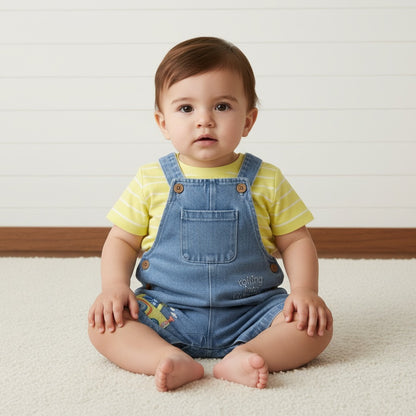 Striped T-shirt and Embroidered Dungaree Set - 12-18 MTHS