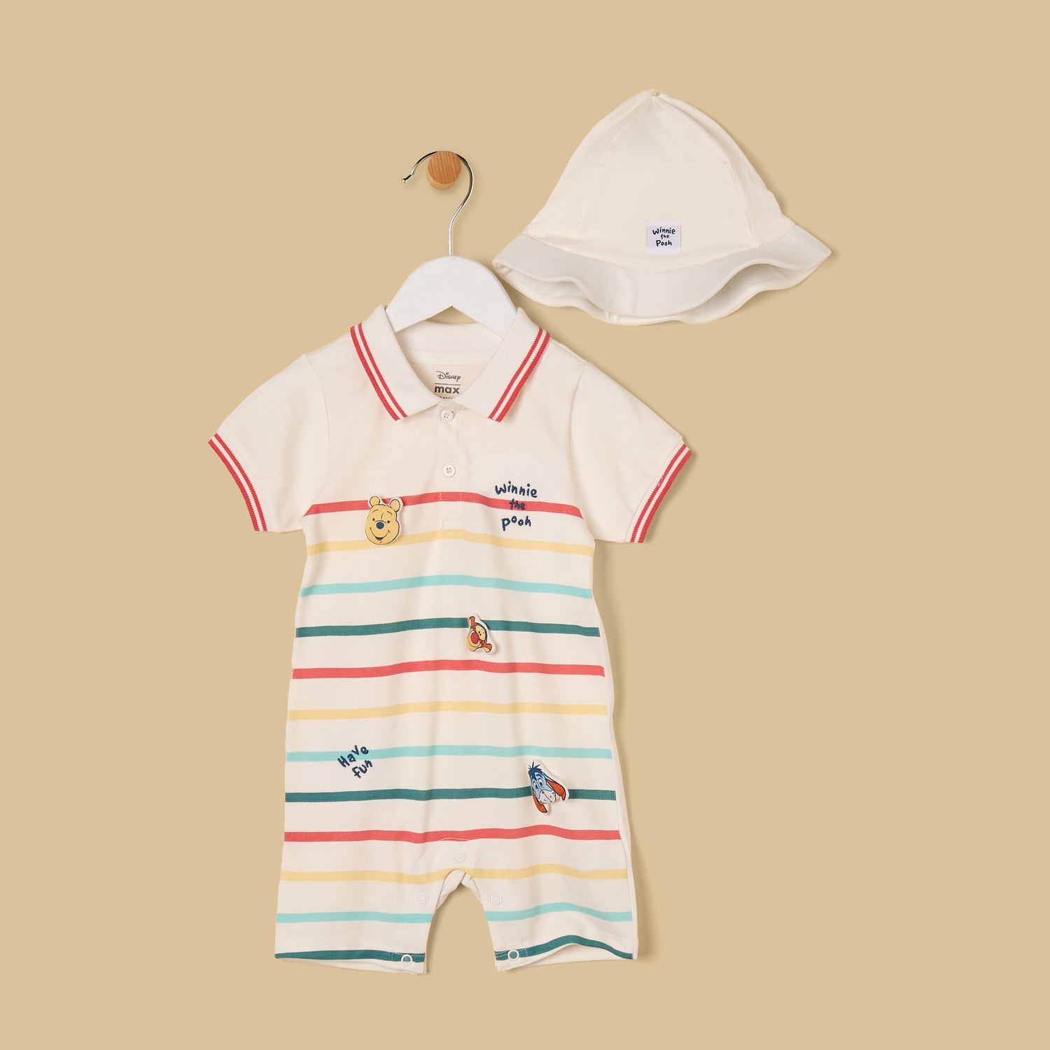 Winnie the Pooh Print Striped Cotton Romper with Hat - Cream / 12-18 mths