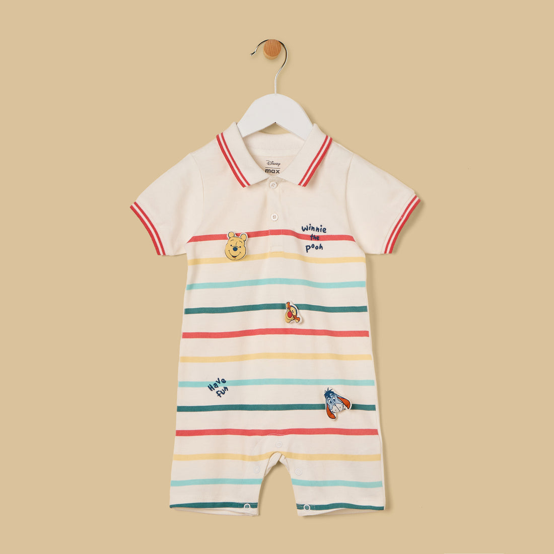 Winnie the Pooh Print Striped Cotton Romper with Hat