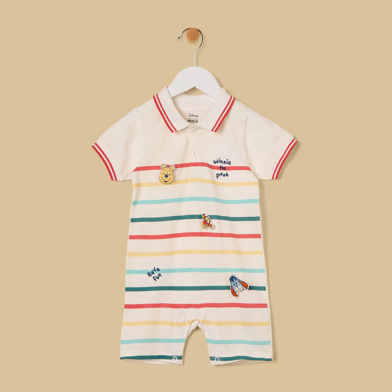Winnie the Pooh Print Striped Cotton Romper with Hat
