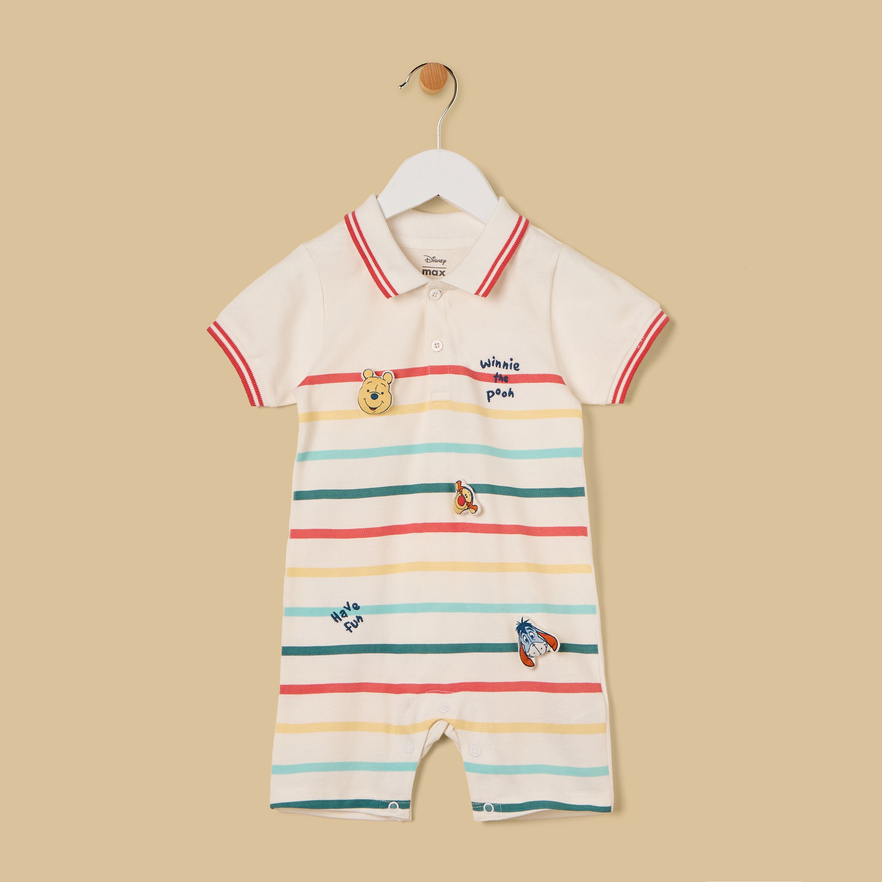 Winnie the Pooh Print Striped Cotton Romper with Hat