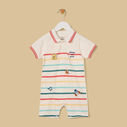 Winnie the Pooh Print Striped Cotton Romper with Hat
