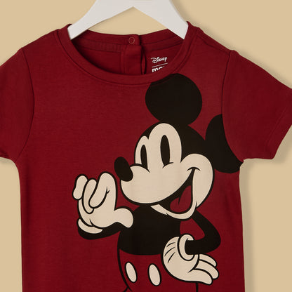 Mickey Mouse Print Cotton Romper with Cap