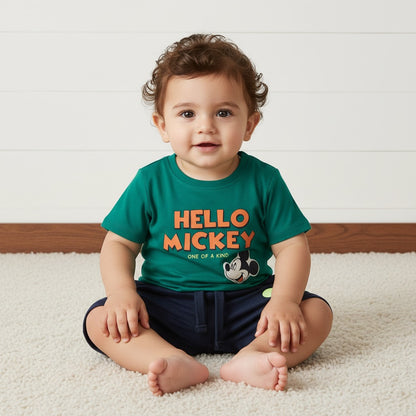 Mickey Mouse Print Cotton T-shirt and Shorts Set - Green / 12-18 mths