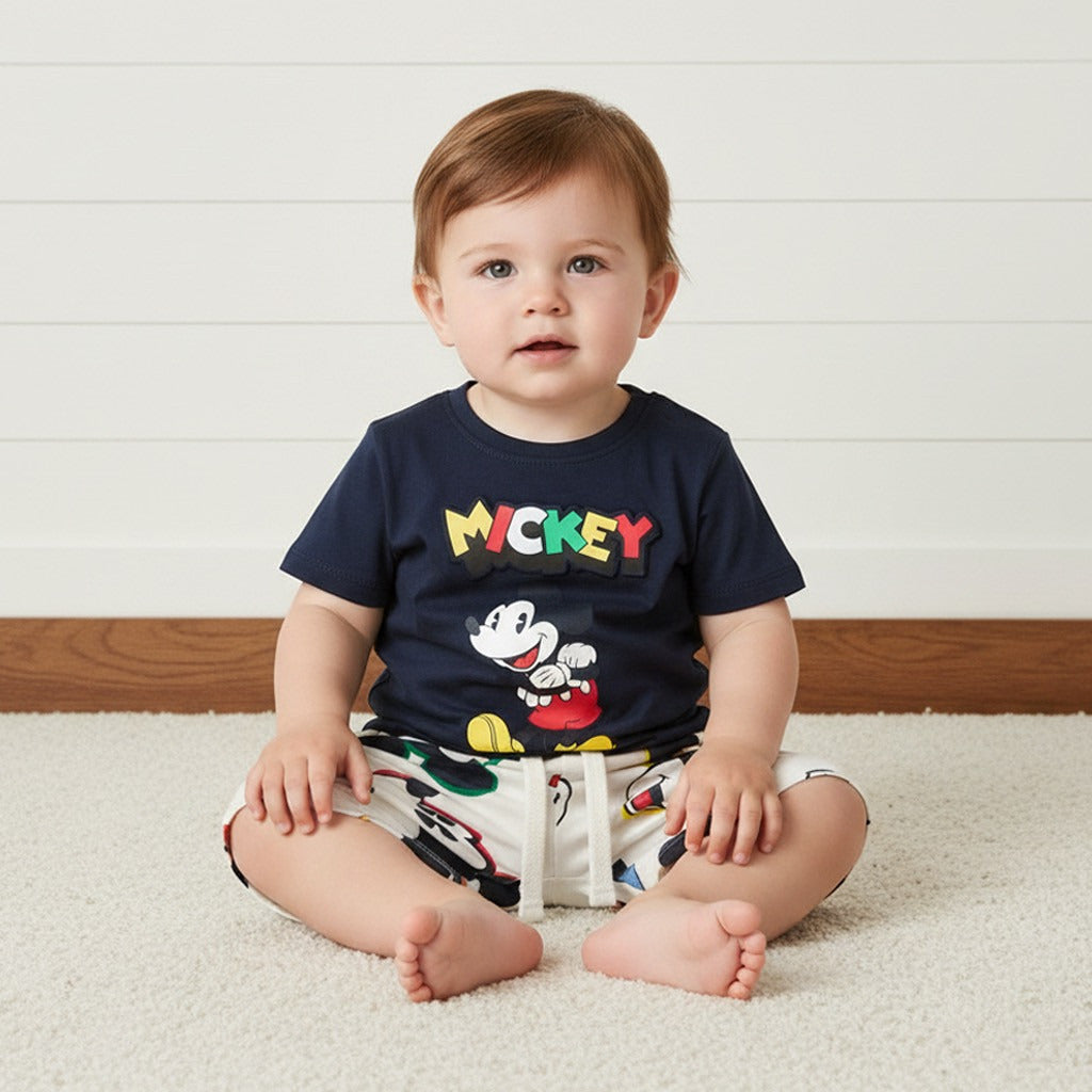 Mickey Mouse Print Cotton T-shirt and Shorts Set - Blue / 12-18 mths
