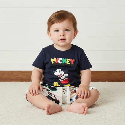 Mickey Mouse Print Cotton T-shirt and Shorts Set - Blue / 12-18 mths