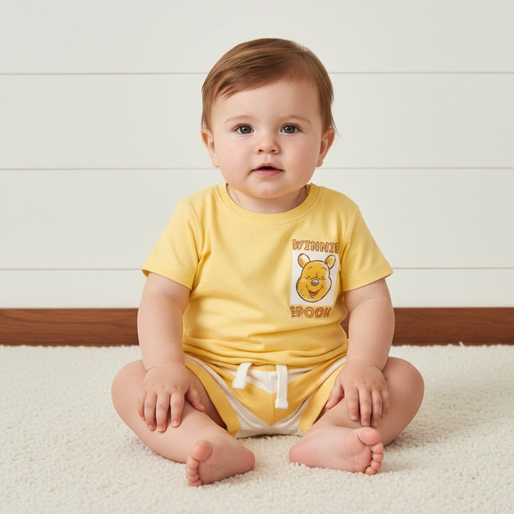 Winnie the Pooh Print Cotton T-shirt and Shorts Set - Yellow / 12-18 mths