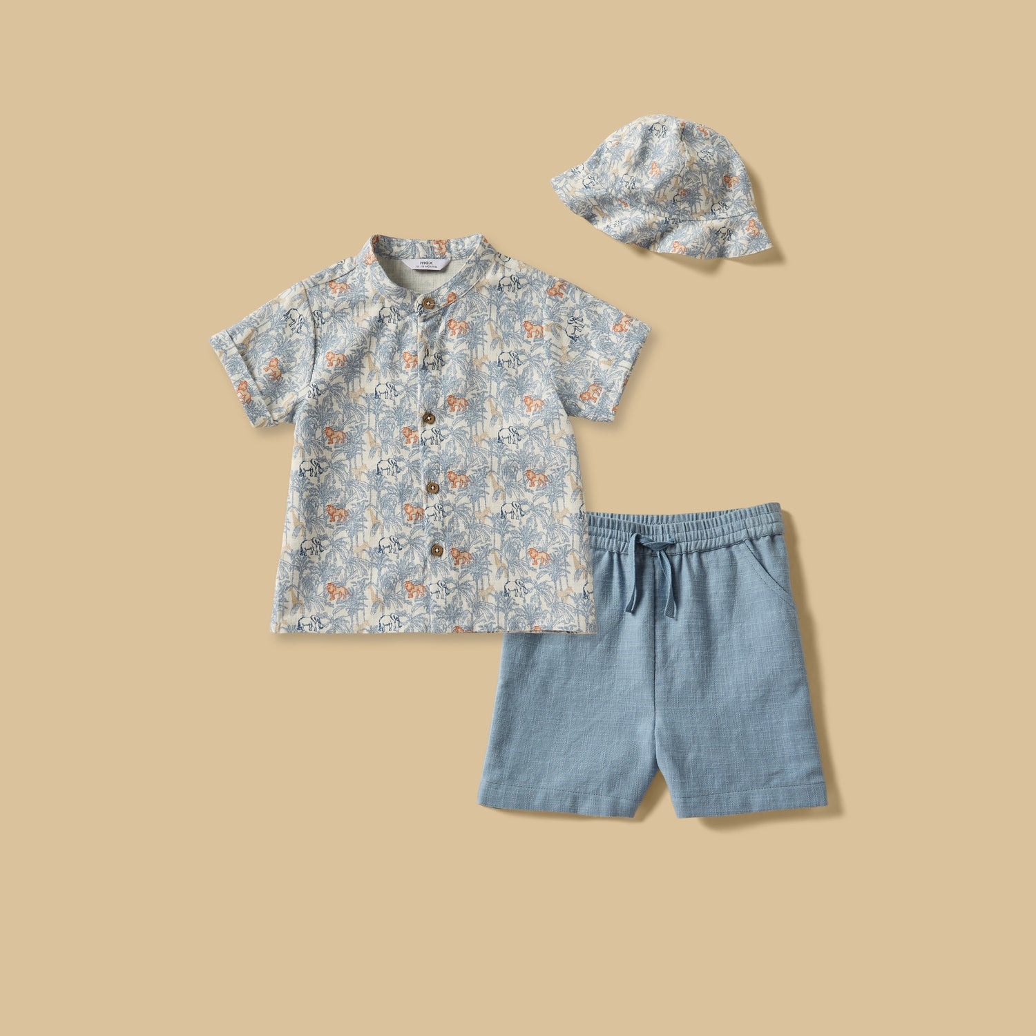 Safari Print Shirt with Shorts and Hat - Blue / 12-18 mths