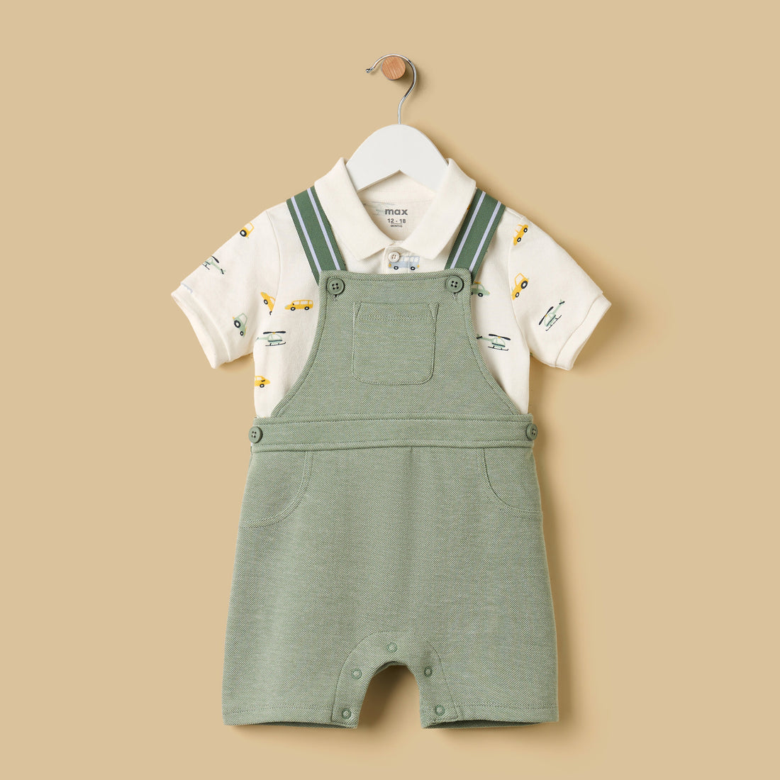 Car Print Polo T-shirt and Dungaree Set