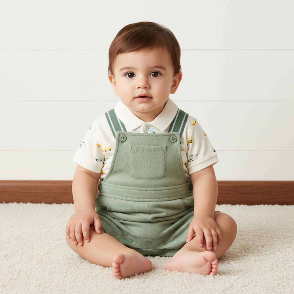 Car Print Polo T-shirt and Dungaree Set - 12-18 MTHS