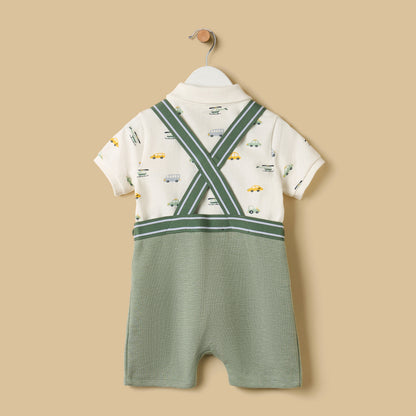 Car Print Polo T-shirt and Dungaree Set