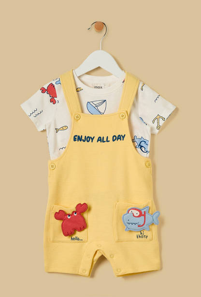Aquatic 3D Pocket Applique Cotton Ottoman Dungaree and T-shirt Set-undefined-image-1