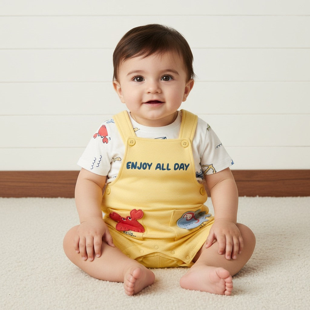 Aquatic 3D Pocket Applique Cotton Ottoman Dungaree and T-shirt Set - 12-18 MTHS