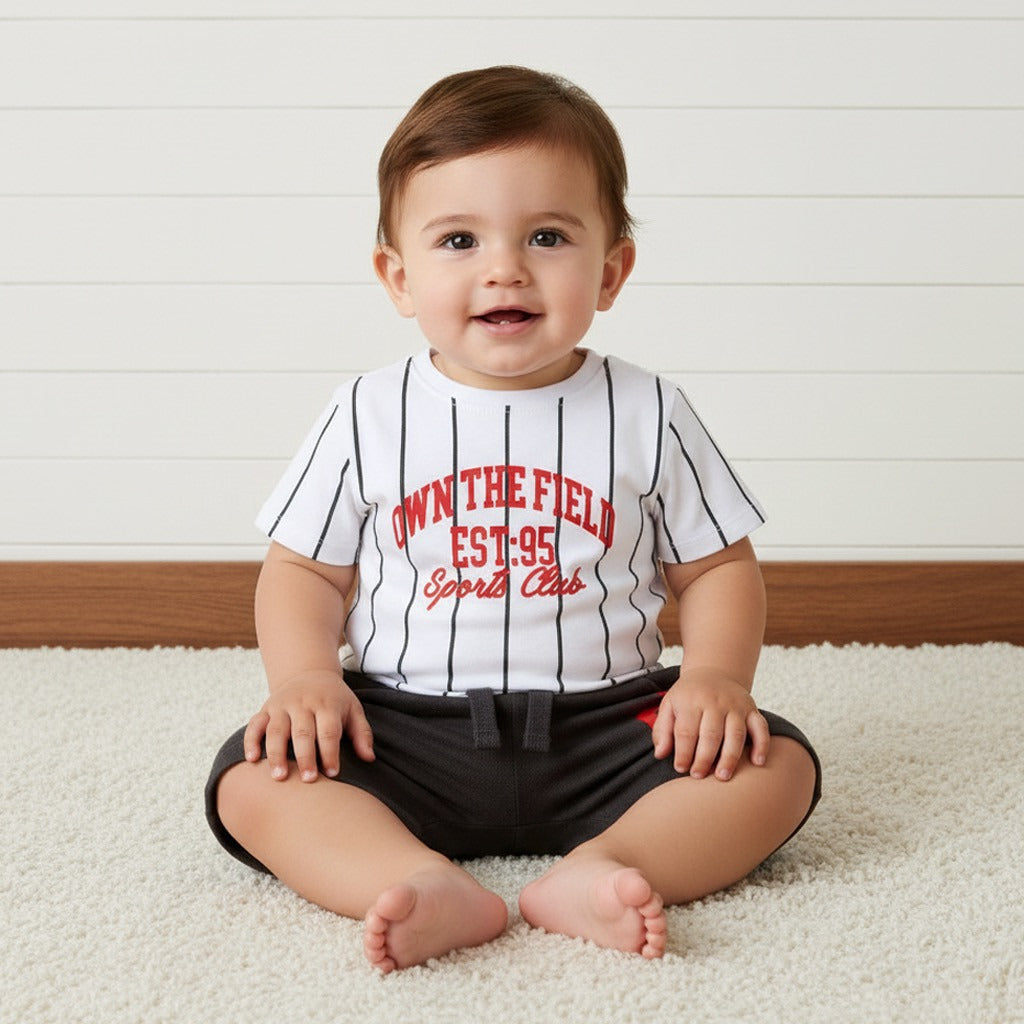 Varsity Print Striped Cotton T-shirt and Shorts Set - Cream / 12-18 mths