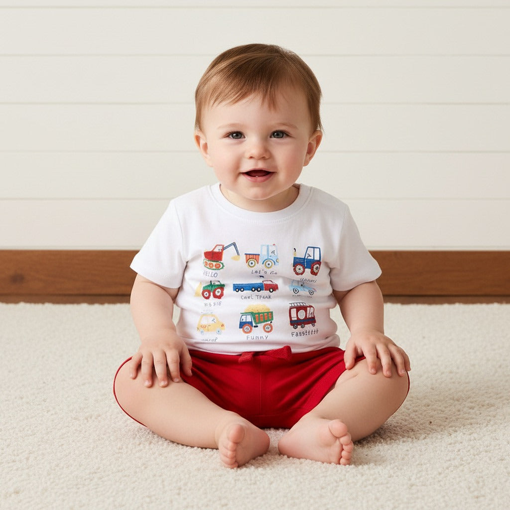 Vehicle Print Cotton T-shirt and Shorts Set - Multicolour / 12-18 mths