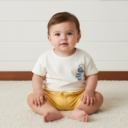Smurfs Print Cotton T-shirt and Shorts Set - Yellow / 12-18 mths