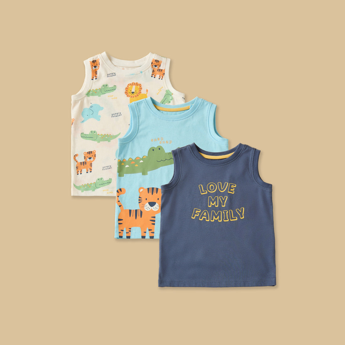 Pack of 3 - Safari Print Sleeveless Cotton T-shirt - Multicolour / 12-18 mths