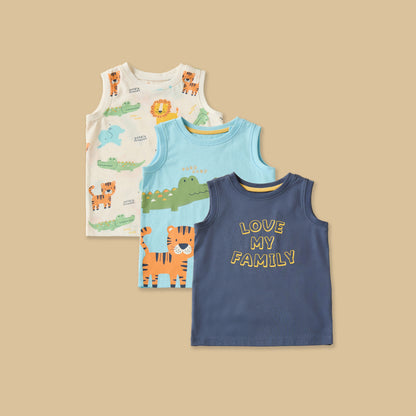 Pack of 3 - Safari Print Sleeveless Cotton T-shirt - Multicolour / 12-18 mths