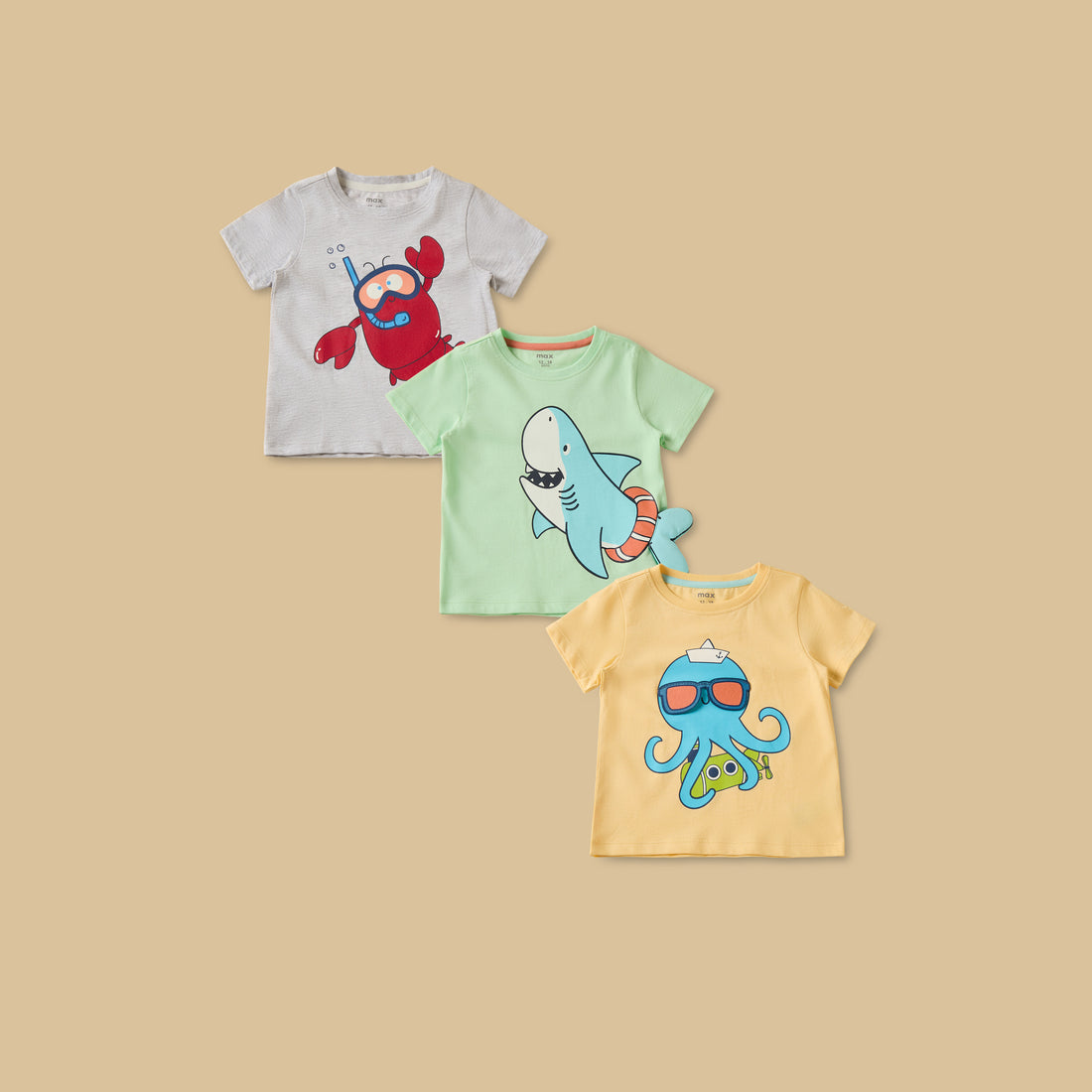 Pack of 3 - Aquatic 3D Animal Print Cotton T-shirt - Multicolour / 12-18 mths