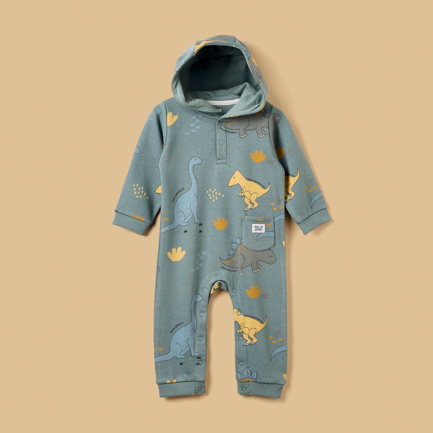 Dinosaur Print Hooded Romper - Green / 12-18 mths