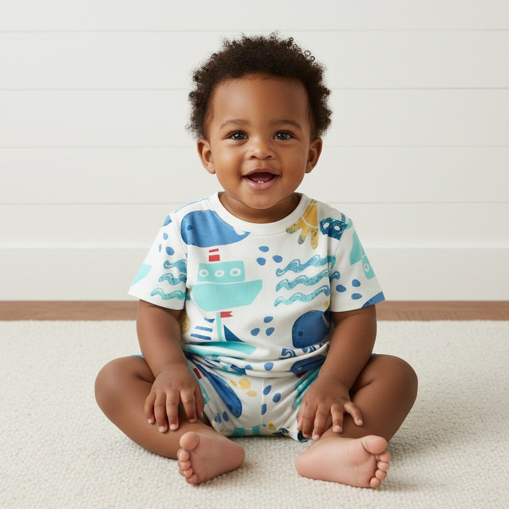 Printed Cotton T-shirt and Shorts Set - Cream / 12-18 mths