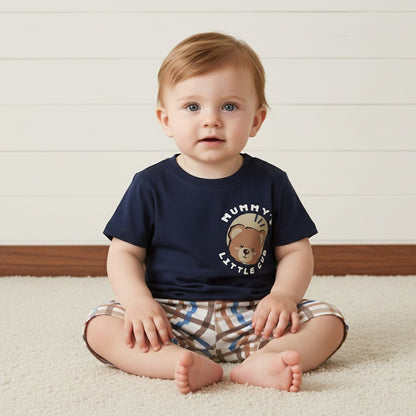 Bear Print Cotton T-shirt and Shorts Set - Blue / 12-18 mths