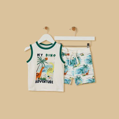 Dinosaur Print Sleeveless Cotton T-shirt and Shorts Set