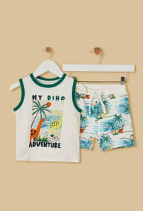 Dinosaur Print Sleeveless Cotton T-shirt and Shorts Set-undefined-image-1