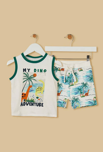 Dinosaur Print Sleeveless Cotton T-shirt and Shorts Set-undefined-image-1