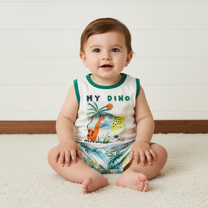 Dinosaur Print Sleeveless Cotton T-shirt and Shorts Set - Cream / 12-18 mths