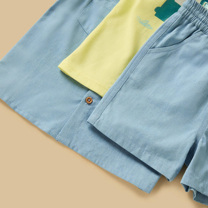Printed Cotton T-shirt with Shirt and Shorts Set