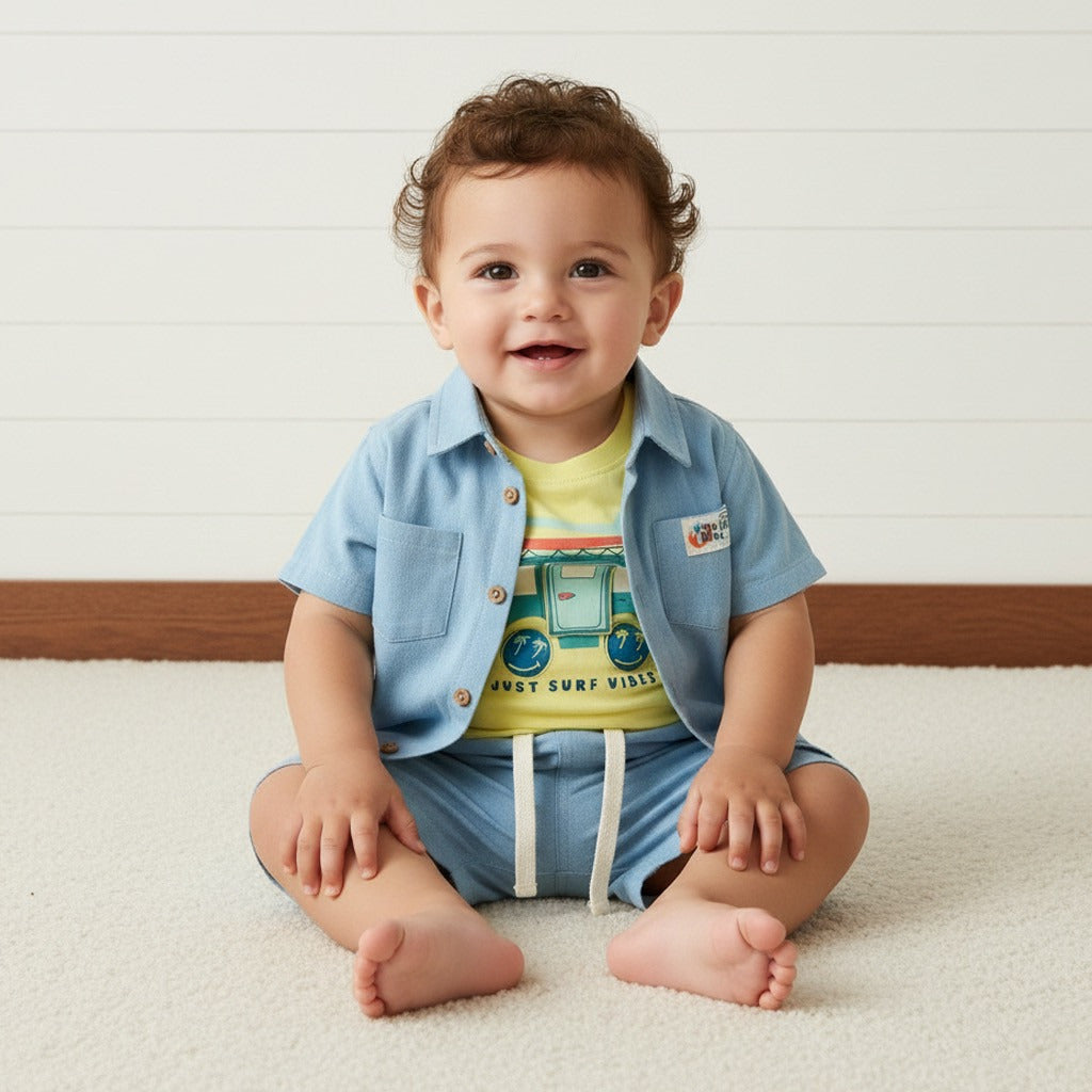 Printed Cotton T-shirt with Shirt and Shorts Set - Multicolour / 12-18 mths